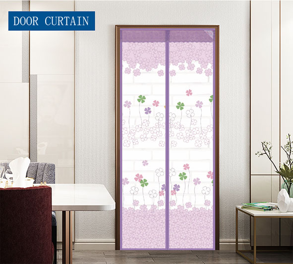 Wholesale and customization Polyester Printing Magnetic Screen Door Curtain Grass Four leaf clover purple